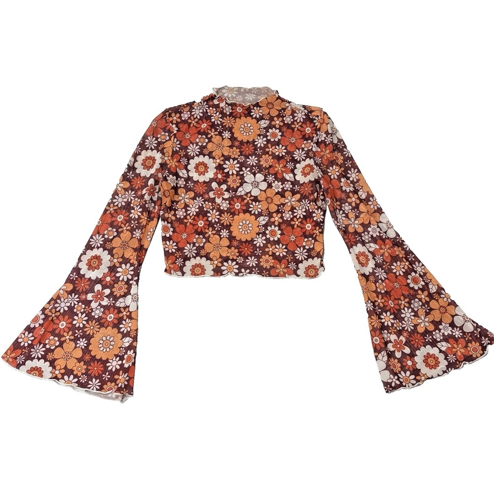 Floral Bell-Sleeve Crop Top in Orange and Brown hippie. Size L but fits like M